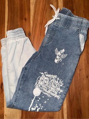 Kids size 11/12 Blue Graphic Denim Jogger Pants VIP brand.    #509